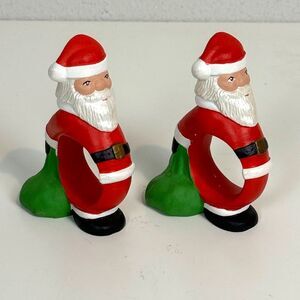 2 Vintage Ceramic Santa Napkin Rings Handmade Painted